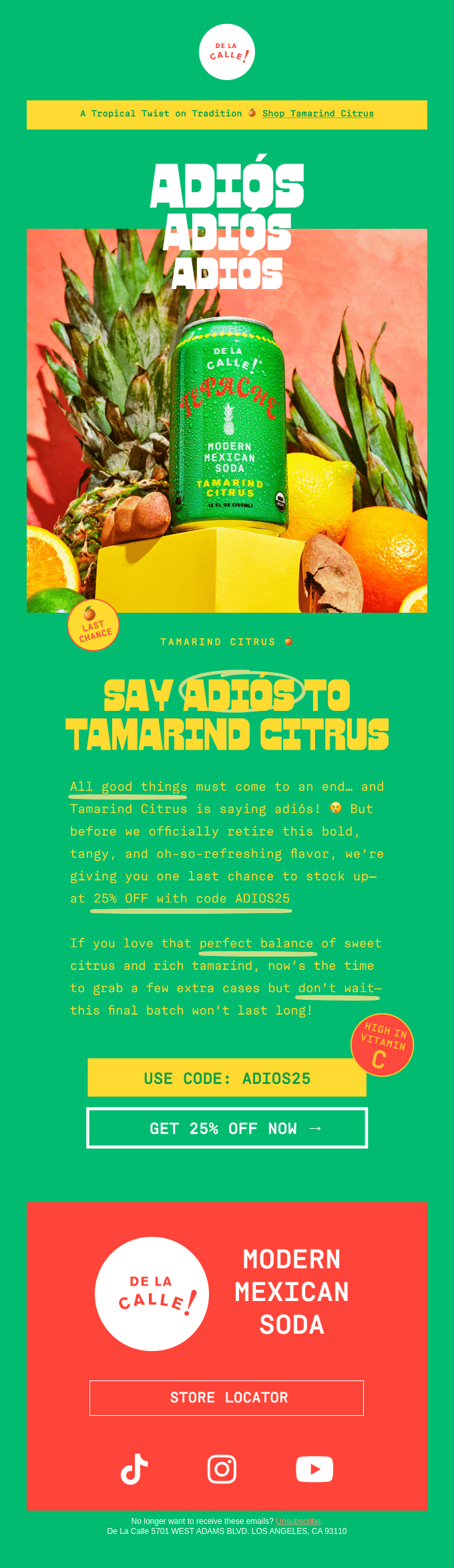 De La Calle Mexican soda promotional email with 25% off tamarind citrus