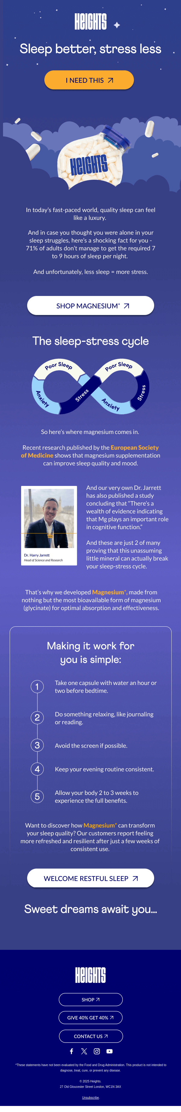 Heights magnesium supplement email focusing on sleep and stress benefits